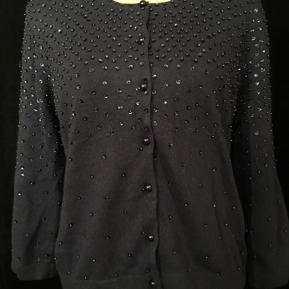 BOSTON PROPER Button-front Silk/Cashmere SEQUIN cardigan, NAVY, Women’s Large - Picture 1 of 9